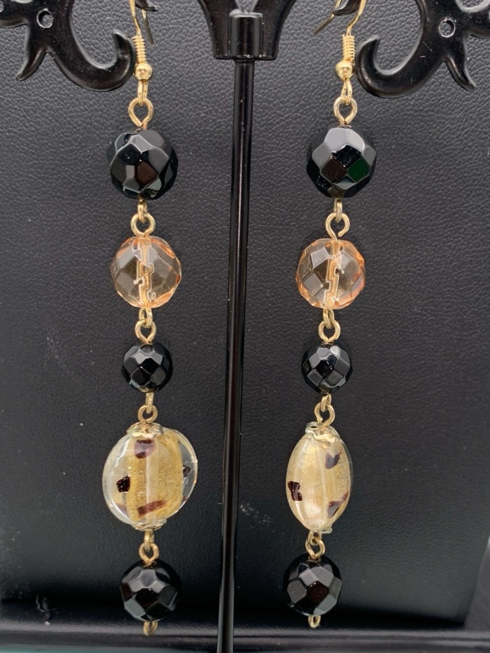 Handcrafted Black and Gold Art glass Bead Drop Earrings